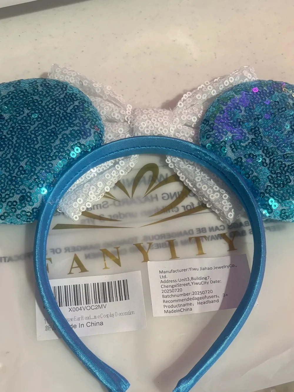White Sequin Bow Blue Kids Bluey Headband